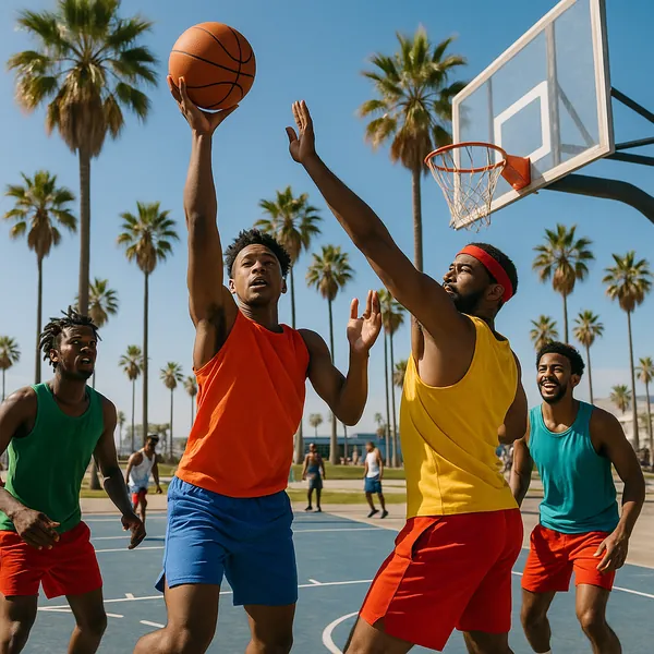 Enjoy an online jigsaw puzzle designed for browser play, featuring a lively outdoor basketball scene full of athletic action and sunny coastal vibes.