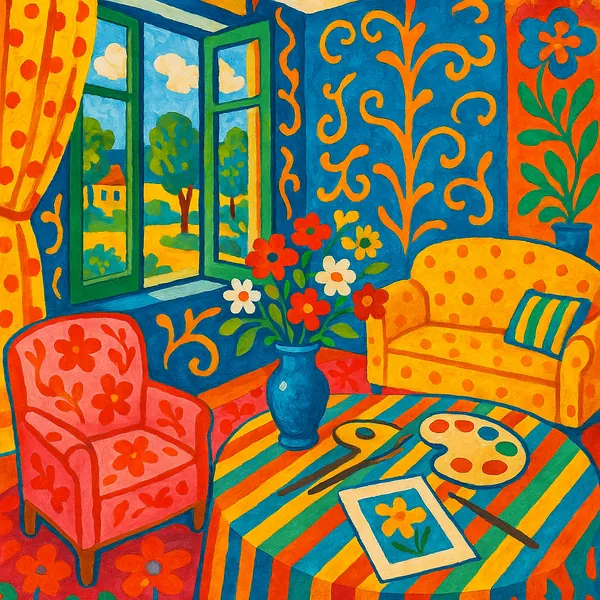 Discover a puzzle with a bright, cozy art-studio interior full of bold colors and playful patterns.
