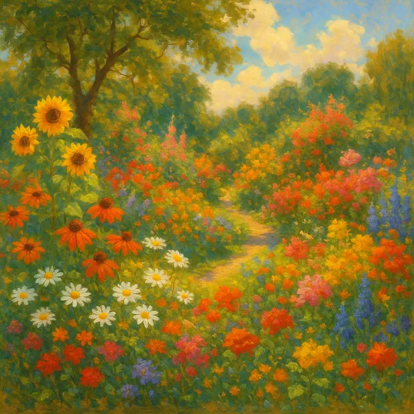 Discover a puzzle with a sunlit cottage garden path winding through a riot of colorful blooms — sunflowers, daisies, coneflowers and blossoms in red, orange, pi