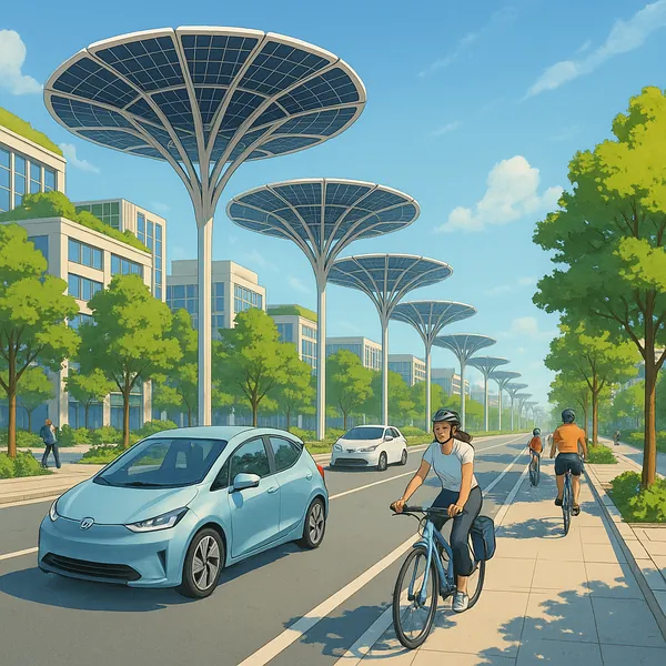 Play an online jigsaw puzzle in your browser that shows a sunny, modern cityscape where nature and sustainable design meet.