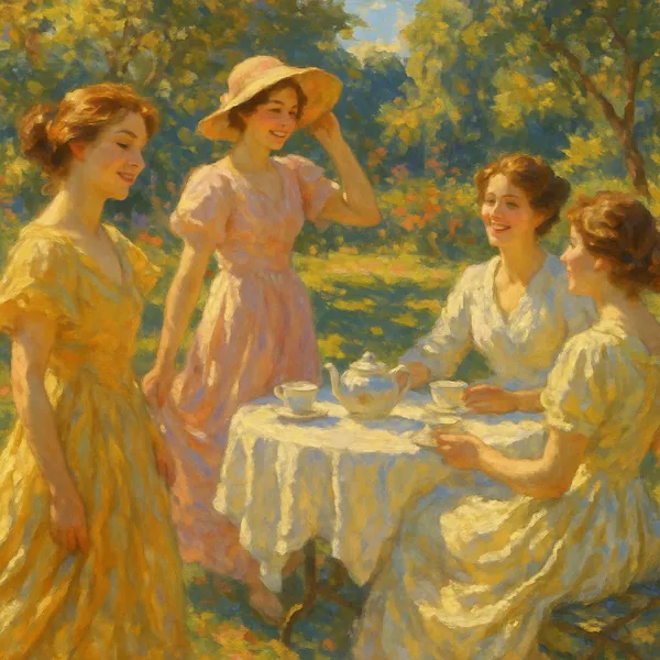 Enjoy assembling a puzzle depicting a sunlit garden tea scene with four women in flowing pastel dresses gathered around a white-clothed table.