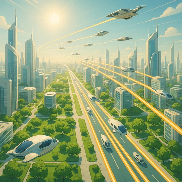 Enjoy an online jigsaw puzzle designed for browser play, featuring a bright futuristic cityscape where sleek flying cars glide above tree-lined avenues.