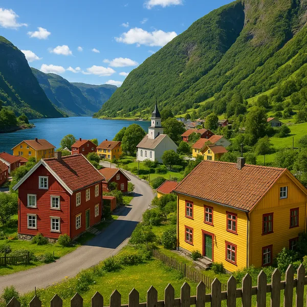 Discover a puzzle with a charming fjord village of colorful wooden houses nestled between lush green hills and a calm, blue mountain lake.