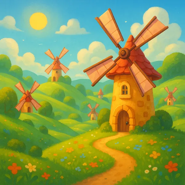 Discover a puzzle with a whimsical countryside scene of golden windmills dotting rolling green hills beneath a bright blue sky.