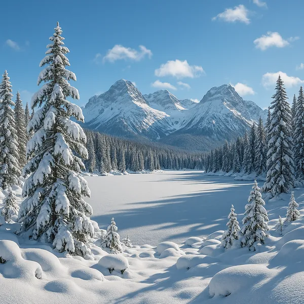 Discover a puzzle with a serene winter landscape showing snow-laden pine trees framing a frozen lake and majestic, sunlit mountains under a clear blue sky.