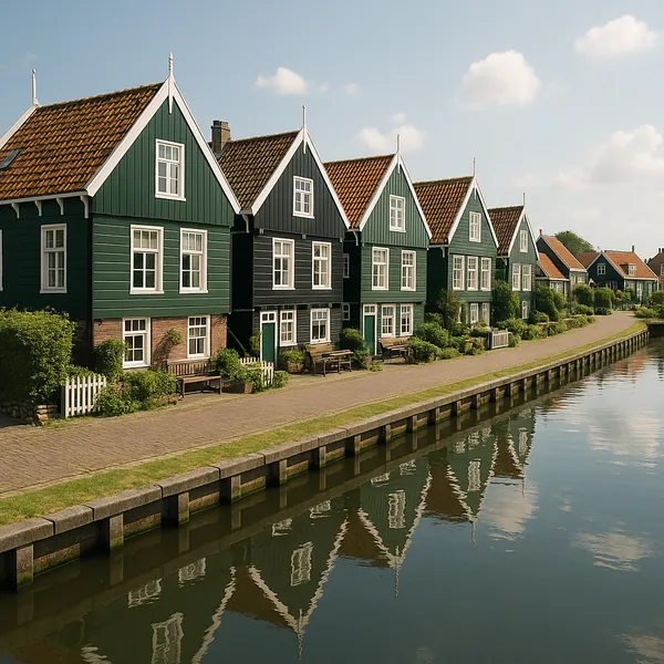 Discover a puzzle with a charming row of green Dutch canal houses lined up along a quiet waterway, their white-trimmed gables and warm red-tiled roofs reflected