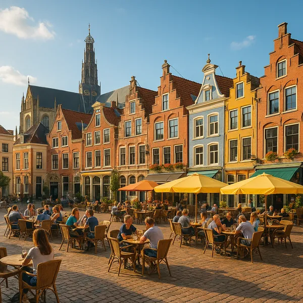 Enjoy assembling a puzzle depicting a sunlit European town square with warm golden light, colorful gabled buildings, and a towering church spire against a clear
