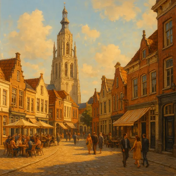 Discover a puzzle with a sunlit European street scene framed by warm ochre and terracotta townhouses, a towering cathedral spire, and sidewalk cafés where peopl