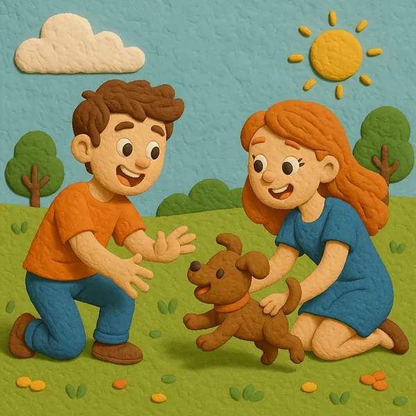 Discover a puzzle with a cheerful outdoor scene of two smiling children kneeling on a bright green lawn as they play with an eager brown puppy, rendered in a so