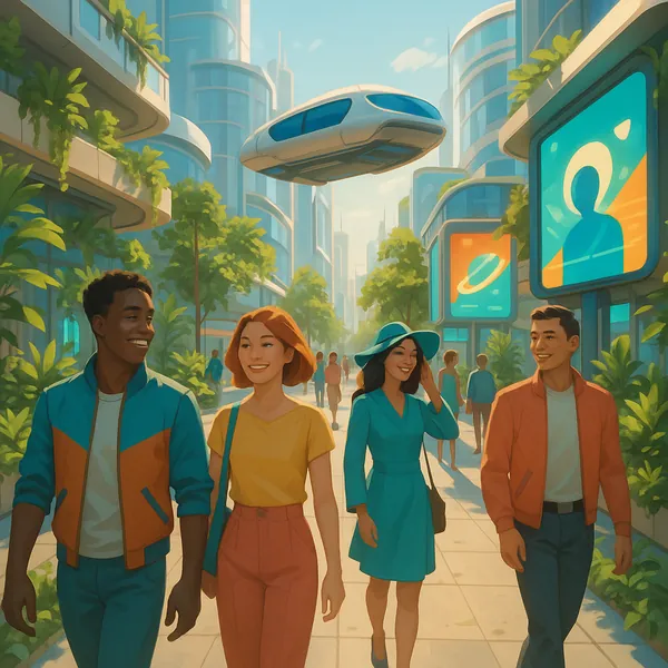 Enjoy an online jigsaw puzzle designed for browser play, featuring a bright, futuristic cityscape where people stroll beneath sleek glass towers and a hovering