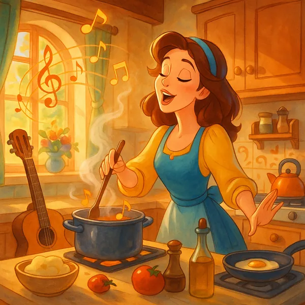Enjoy an online jigsaw puzzle designed for browser play, featuring a charming kitchen scene centered on cooking and music.