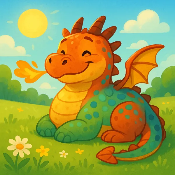 Discover a puzzle with a cheerful baby dragon basking in a sunny meadow.