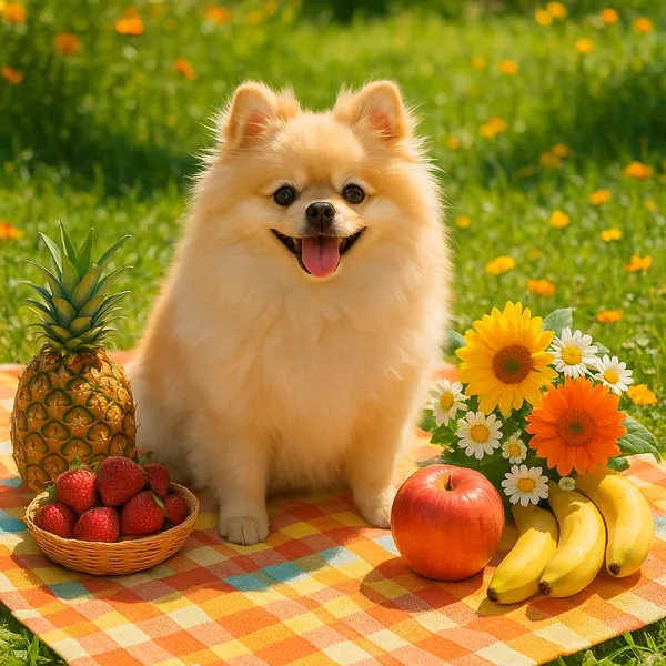 Enjoy assembling a puzzle depicting a fluffy cream Pomeranian sitting on a sunny picnic blanket surrounded by bright fruits and flowers.