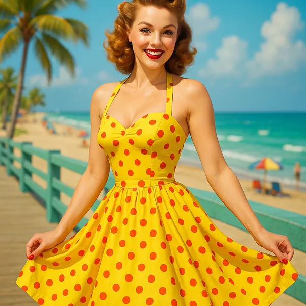 Discover a puzzle with a sunlit, retro beach scene featuring a smiling woman in a bright yellow polka-dot dress standing on a turquoise boardwalk.