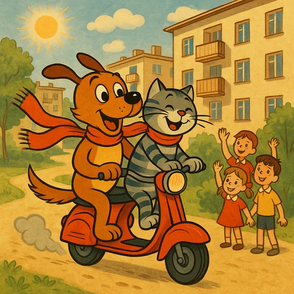 Discover a puzzle with a cheerful vintage-style illustration of a smiling cat and dog riding a red scooter through a sunny neighborhood.