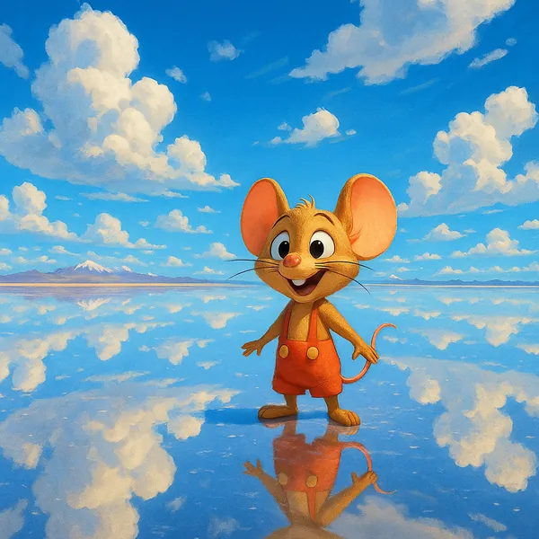 Discover a puzzle with a cheerful cartoon mouse standing on a glass‑like, mirror water surface that perfectly reflects a vast blue sky and fluffy white clouds.