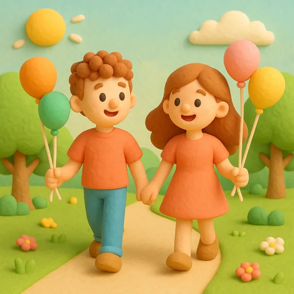 Discover a puzzle with a charming clay-style scene of a smiling boy and girl holding hands and colorful balloons as they stroll down a sunny park path.