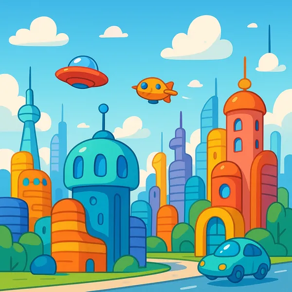 Enjoy an online jigsaw puzzle designed for browser play, featuring a bright, futuristic cityscape in a playful cartoon style.
