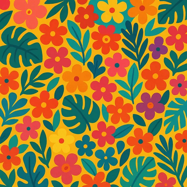 Enjoy an online jigsaw puzzle designed for browser play, featuring a bright floral pattern that celebrates nature with playful leaves and blossoms.