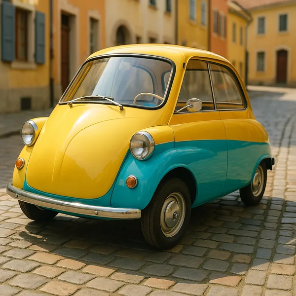 Discover a puzzle with a charming vintage microcar parked on a sunlit cobblestone street.