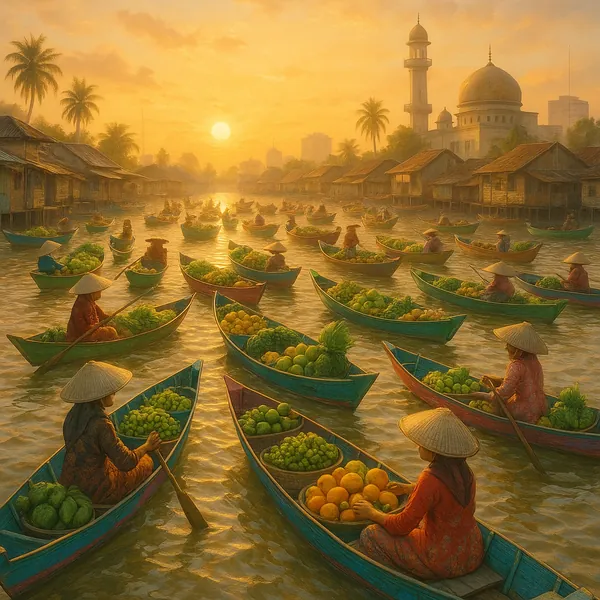 Discover a puzzle with a golden sunrise over a busy floating market, where dozens of small wooden boats brim with bright green and orange fruits as vendors in c