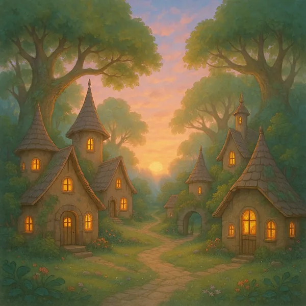 Discover a puzzle with a cozy fairy-tale village at sunset, where charming stone cottages and conical towers glow with warm golden light against a soft pink and