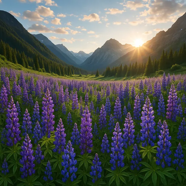 Discover a puzzle with a sunlit mountain valley carpeted in vibrant purple lupines and a lush green meadow leading to pine-lined slopes and blue-gray peaks unde