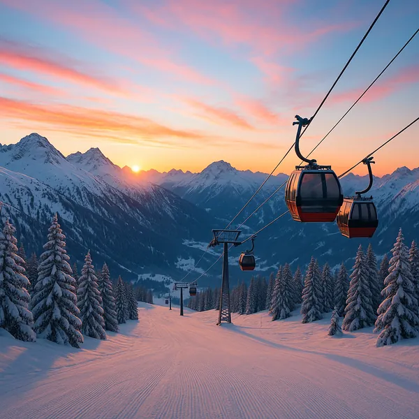 Discover a puzzle with a serene winter sunrise over snow‑capped mountains and a line of red gondolas gliding above a freshly groomed slope.