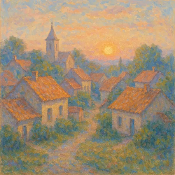 Discover a puzzle with a dreamy impressionist village at sunrise, where soft pastels and warm terracotta roofs glow beneath a gentle golden sun.