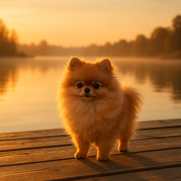 Discover a puzzle with an adorable fluffy Pomeranian standing on a wooden dock at golden hour, its warm orange and honey fur glowing against a serene lake bathe