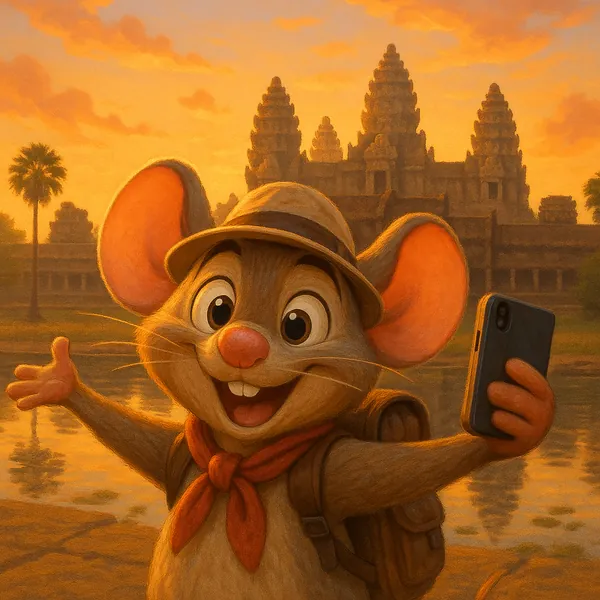 Discover a puzzle with a cheerful cartoon mouse on a sunset sightseeing adventure, arms wide as it takes a selfie in front of an ancient temple reflected in cal