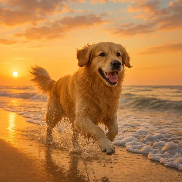 Discover a puzzle with a joyful golden retriever racing along the shoreline at sunset.