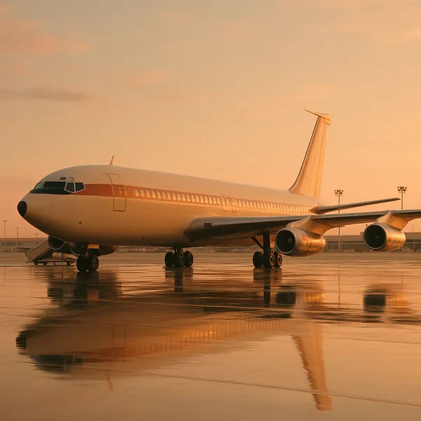 Discover a puzzle with a classic passenger jet resting on a rain‑slick tarmac as the sun casts a warm golden glow across the scene.