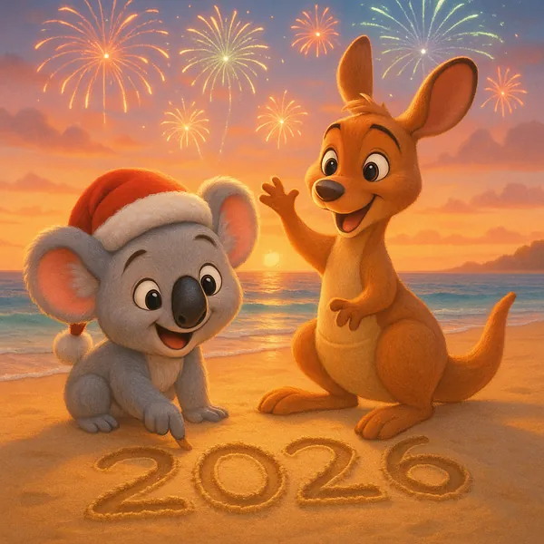 Discover a puzzle with a cheerful koala in a Santa hat and a smiling kangaroo drawing "2026" in the sand as a golden sunset and sparkling fireworks light up the