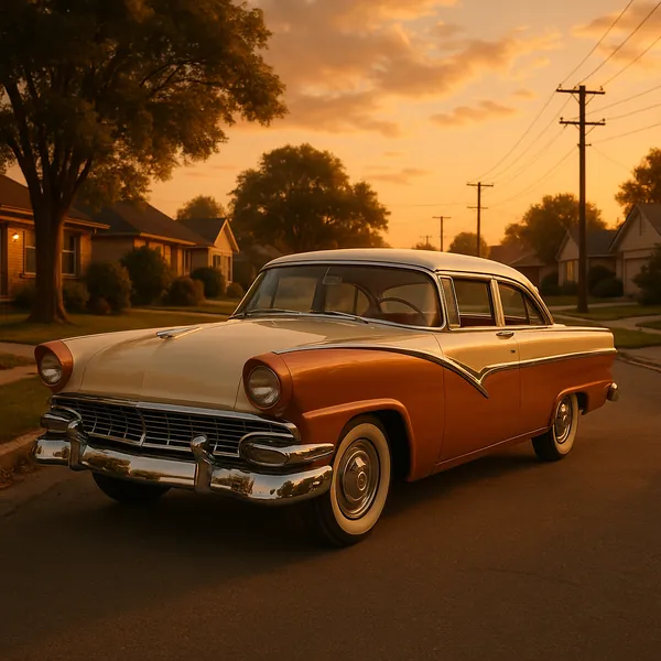 Discover a puzzle with a gleaming vintage car parked on a quiet suburban street at golden hour.