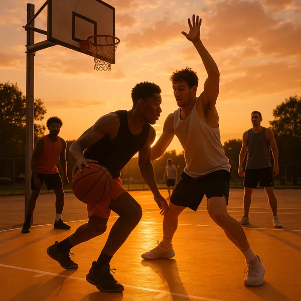 Enjoy an online jigsaw puzzle designed for browser play, featuring an outdoor basketball game at golden hour and a lively sports theme.