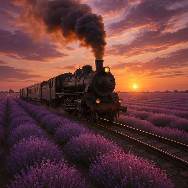Discover a puzzle featuring a vintage steam train rolling through endless lavender fields at sunset.