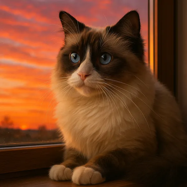 Discover a puzzle with a fluffy Ragdoll cat gazing serenely out a window as a warm orange and pink sunset paints the sky.