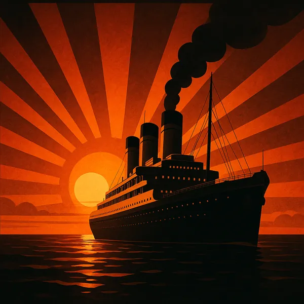 Discover a puzzle with a majestic steamship silhouetted against a bold orange-red sunset, its three smokestacks puffing a plume of dark smoke as radiating sunbu