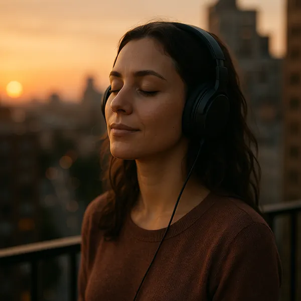 This online jigsaw puzzle features a peaceful portrait set against a warm city sunset, perfect for browser play.