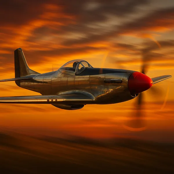 Discover a puzzle with a gleaming vintage airplane gliding through a fiery orange sunset — a polished silver fuselage, a bright red nose cone, and a gently blur