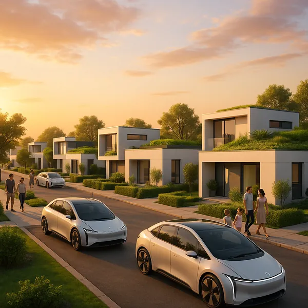 This online jigsaw puzzle features a peaceful modern neighborhood scene with contemporary architecture and sleek electric cars, perfect for fans of city and lif