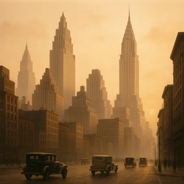 Discover a puzzle with a vintage city skyline bathed in warm sepia light, where towering art-deco skyscrapers rise through a gentle morning haze.