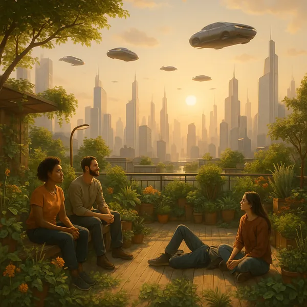 Enjoy an online jigsaw puzzle designed for browser play, featuring a serene rooftop garden set against a glowing futuristic city skyline.