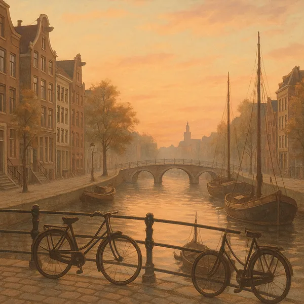 Discover a puzzle with a tranquil canal scene at dusk, showing two bicycles leaning on a railing in the foreground, moored wooden boats, and an arched stone bri