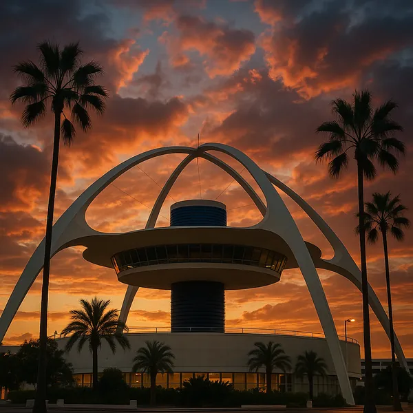 Discover a puzzle with a striking mid-century modern structure framed by graceful white arches and tall palm silhouettes against a fiery orange and deep blue su