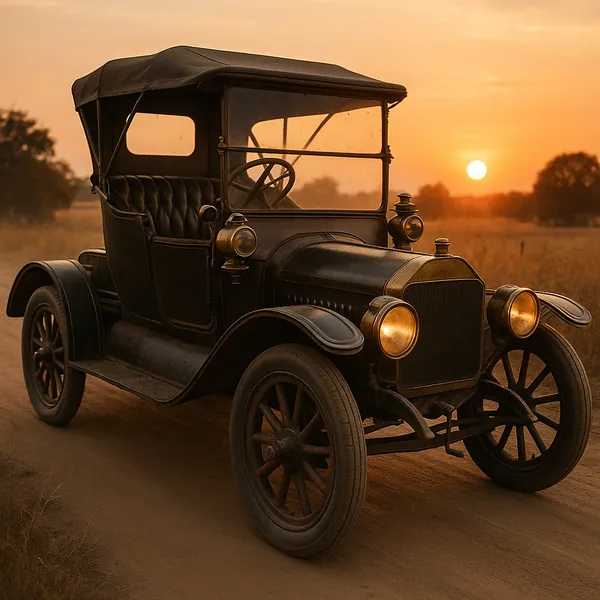 Discover a puzzle with a charming vintage automobile parked on a dusty country road at golden-hour sunset.