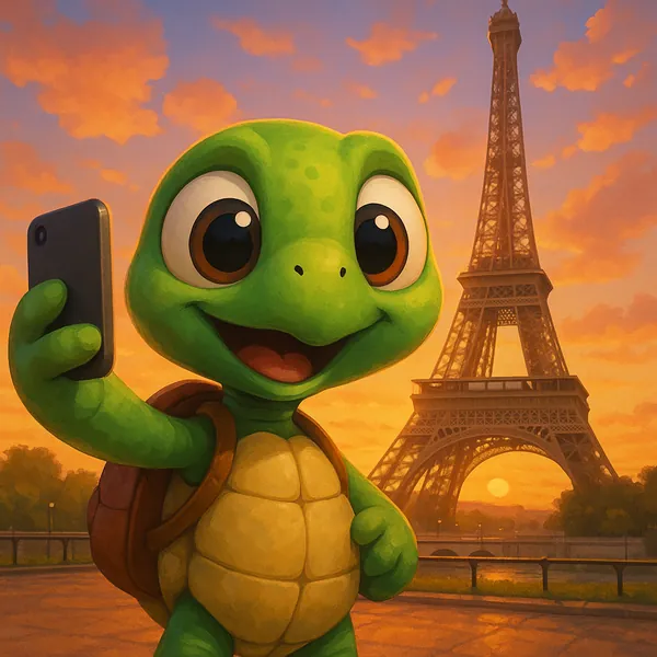 Discover a puzzle with a cheerful cartoon turtle taking a selfie in front of the Eiffel Tower at sunset.