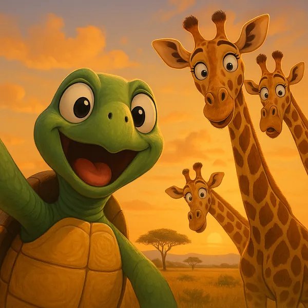 Discover a puzzle with a cheerful cartoon turtle taking a selfie alongside three curious giraffes against a warm African sunset.