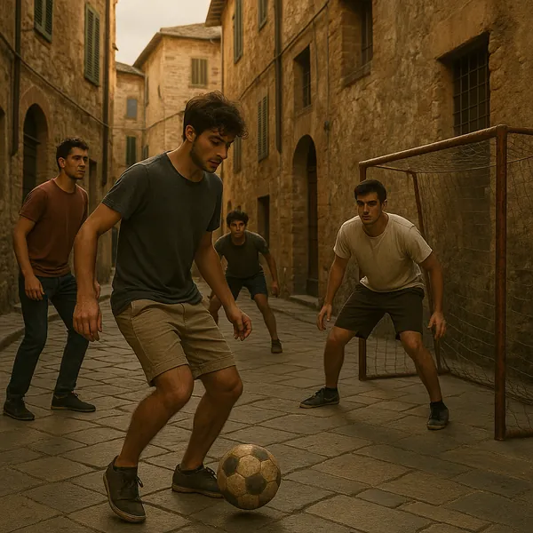 Enjoy an online jigsaw puzzle designed for browser play, featuring a lively street soccer scene set in an old city alley.
